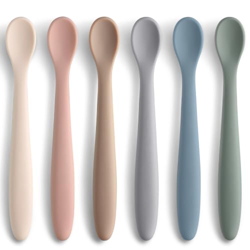 Image of 6 Piece Silicone Baby Feeding Spoons, First Stage Infant Soft-Tip Easy on Gums, Utensils Supplies, Training Spoon Self-feeding, Dishwasher & Boil-proof - Morandi