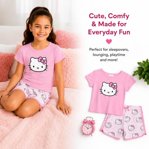 Image of Hello Kitty Girls Short Set - 2 Piece Short Sleeve Graphic Tee and Shorts Clothing Outfits (Sizes: 2T-12)