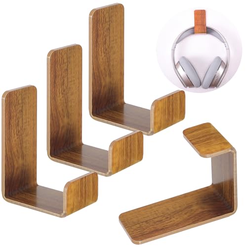 Weewooday 4 Pieces Headphone Hanger Holder Desk Adhesive Headphone Hook Wall Mount Headset Stand Acrylic Holder with Glues for General Purpose Game Earphone(Wood Grain Color)