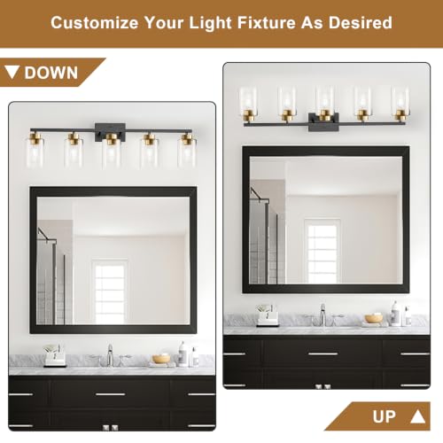 Image of IZORRO Bathroom Light Fixtures, Modern Vanity Lights, Bathroom Lighting Fixtures Over Mirror with Clear Glass Shade, Wall Sconce for Living Room Cabinet Bedroom (Black and Gold, 5-Light)