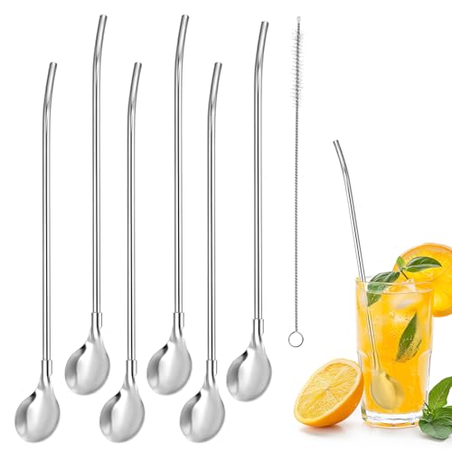 BOHUIZ 6Pcs Stainless Steel Straws Spoons, Reusable Metal Long Handle Straws Spoon with 1 Cleaning Brushes Snow Cone Straw Drinking Ice Tea Long Spoons Straw for Cocktail Milkshake (2)