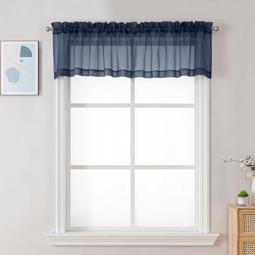 Image of Chyhomenyc Sheer Valances for Windows 2 Pack, Small Window Curtains for Living Room Bathroom Cafe Laundry Basement, Modern Top Dual Rod Pocket Voile Curtain, 42W x 18L inches, Navy Blue