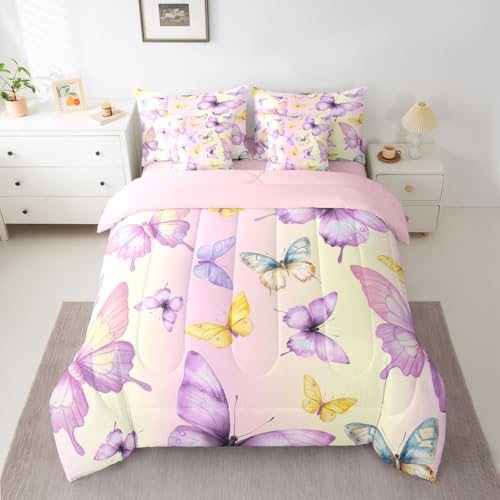 Image of Purple Yellow Butterflies 7 Pcs Bedding Set Full,Colorful Garden Wildlife Bed in a Bag,Rustic Farmhouse Bed Set Includes Comforter,Sheet Set,Pillowcases & Pillow Covers,Modern Aesthetic Bedroom Decor
