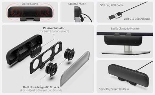 Image of Computer Speakers for Desktop PC, Monitor Speakers, USB Plug-in, Wired, External Speaker for Laptop, Small Computer Soundbar for PC, with Loud Sound, Deep Bass, USB-C Adapter, Easily Clamp to Monitor