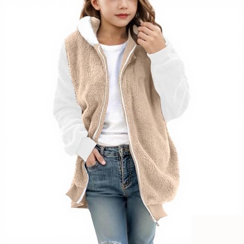 Girl Colorblock Hooded Sherpa Coats Long Sleeve Full Zipper Jacket Winter Chunky Keep Warm Hoodies 2025 Fuzzy Jackets