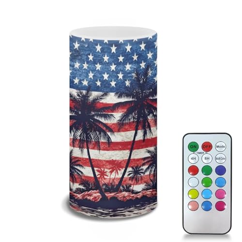 Poceacles Flameless Light Candles Battery Operated Candles with Color Changing Timer Remote Control Tealights for Fourth of July United States 250th Decor, American Flag Palm Tree Beach