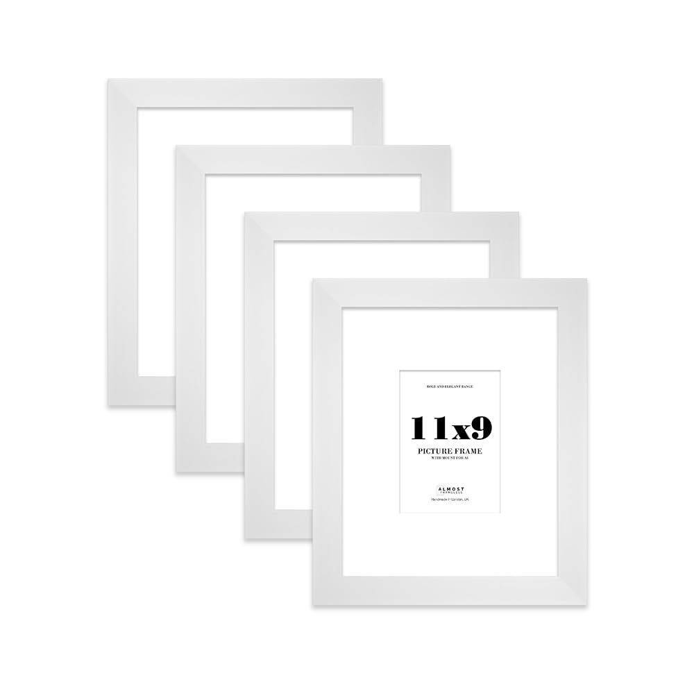 11x9 White Frame With Mount for A6 Pictures 28mm Edge Portrait and Landscape Display with Wall Hooks and Kickstand, 4 Pack