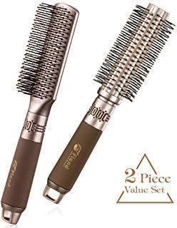 Flend Anti-static Hair Brushes 2-PACK, Round Brush & Detangling Brush, Professional Styling Brush For Blow Drying, Styling, Curling & Straightening, Brown