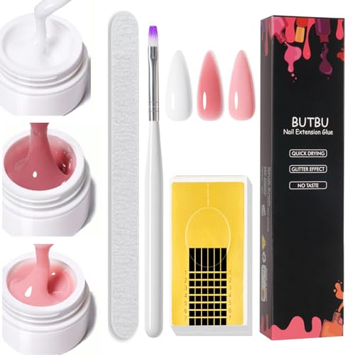 BUTBU Kit Gel de Uñas Para Constructor, 3 PCS Gel de Extensión de Uñas, con Cepillo, Lima de Uñas y Soportes, para Principiantes y Profesionales (Blanco, Rosa, Desnudo)
