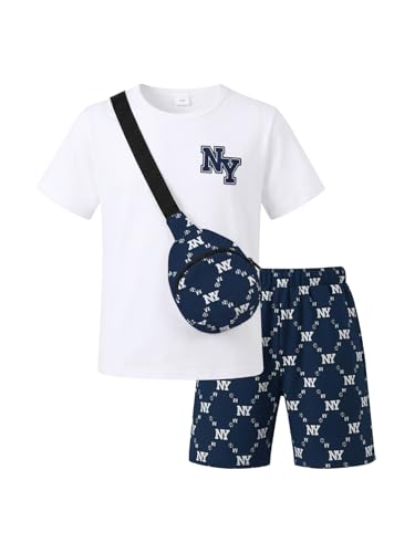 PureChapter Boys Summer Outfits 3 Piece Set Short Sleeve T Shirt Shorts Crossbody Bag Kids Clothes Casual Vacation Outfits Teen Boys Fashion Size 5-15