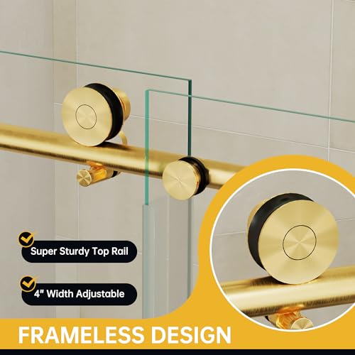 Findepot Frameless Sliding Shower Door 56-60 in W x 75 in H,Frameless Shower Door with 5/16\" (8mm) Clear Tempered Glass,Silent Soft-Close Design,Brushed Gold - Thumbnail 3