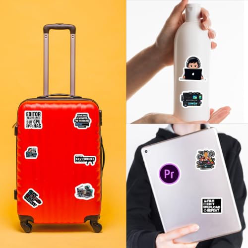 Image of Video Editor Waterproof Vinyl Stickers Pack of 50 | Editing, Premiere Pro, After Effects, Davinci Resolve, Filmmaker & Content Creator Decals for Laptop, Water Bottle, Notebook & Phone Case