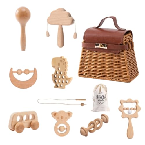 Sailozai木製ロッキングベル8点セット、赤ちゃん出産祝い、なだめるおもちゃ、北欧風シミュレーションレザー籐編みケースセット鈴無塗装 (恐竜8点セット,もくしつ)