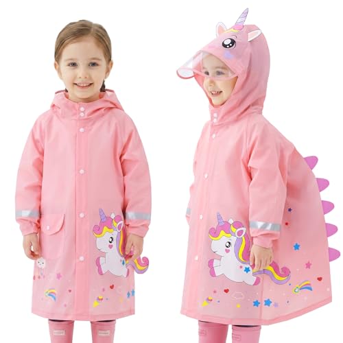 Adiwo Chubasquero para Niños, Chaqueta Impermeable Infantiles, Ligero Abrigos, Lluvia de Dibujos Animados, Impermeables con Capucha Reutilizable Traje con Funda para Mochila para Niños Niñas Rosa M
