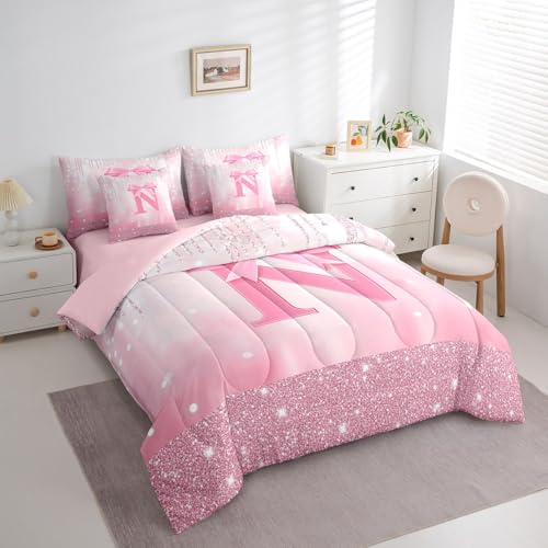Image of Feelyou Boys Girls Pink Bowknot Bed in A Bag Queen Size, Personalized Initial N 7 Pieces Bedding Set Princess Glitter Comforter Set with Sheets Kids Bow Monogrammed Teens Bed Set Bedroom Decor 7Pcs