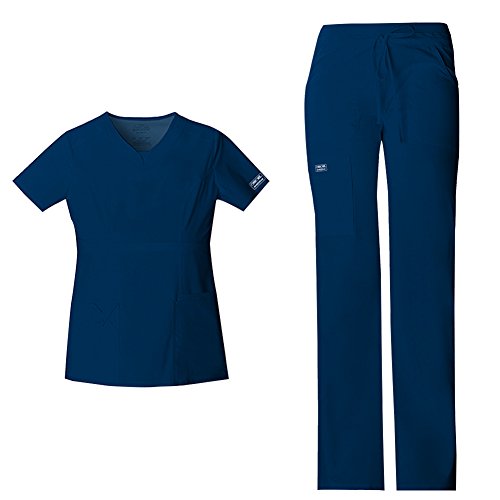 CHEROKEE Women's Workwear Core Stretch Junior Fit V-Neck Scrub Top 24703 & Junior Fit Low-Rise Drawstring Cargo Scrub Pants 24001 Medical Scrub Set (Navy - Small/Medium)
