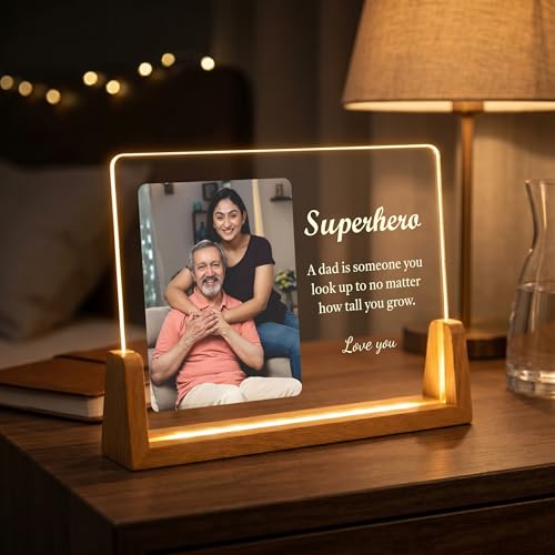 Image of Giftplease Personalized Acrylic LED Photo Frame for Dad | Customized Night LIght with Photo & Message | Warm light Wooden Base Table Lamp | Birthday, Father's Day for Father