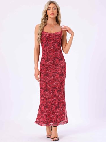 Image of Allegra K Women Wedding Guest Mesh Floral Spaghetti Strap Dress