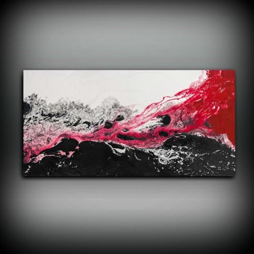 Tableau contemporain noir blanc rouge pour salon moderne | Décoration murale encadrée 40x80