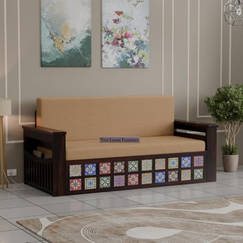 Image of Wooden Sofa Cum Bed for Living Room | Convertible Sofa Bed with Storage | 3 Seater Foldable Sleeper Sofa | Solid Wood Pull Out Sofa Bed with Mattress for Home & Guest Room (Walnut, Anna)