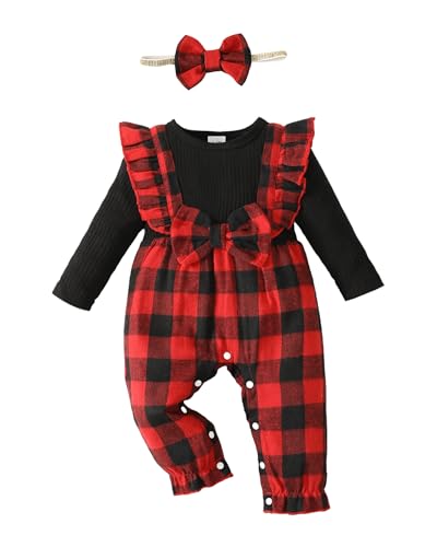 Image of Newborn Infant Baby Girl Clothes Fall Winter Plaid Long Sleeve Jumpsuit One Piece Romper Bodysuit Baby Overalls Outfits