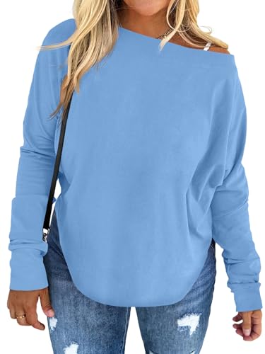 Image of UNCLECAT Womens Plus Size Tops Off The Shoulder Long Sleeve T Shirts Casual Curve Hem Tunics Tops Blue