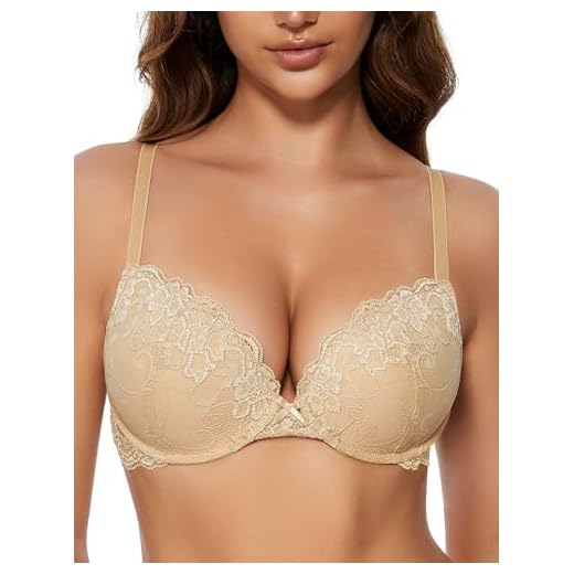 Wingslove Damen Push Up BH mit floraler Spitze gepolsterter Bügel BH Komfort BH, Nude, 34A / 75A