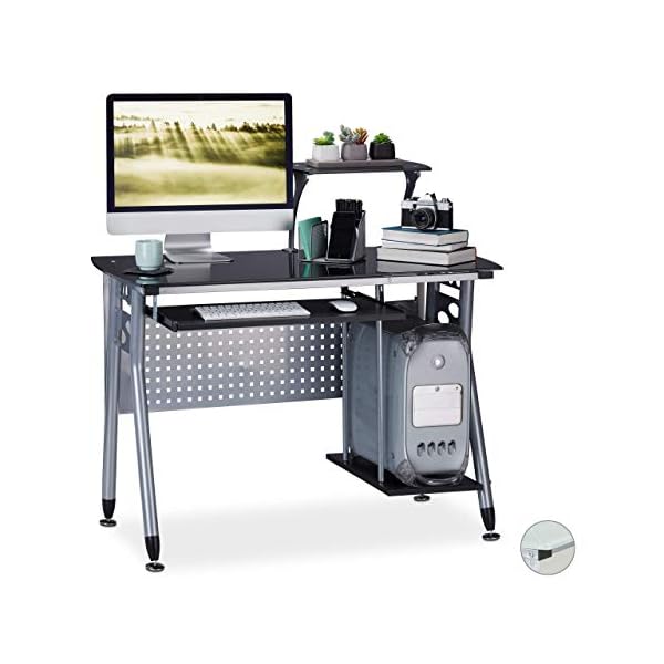 Relaxdays Computer Desk Glass, Keyboard Tray & Shelf For Desktop PC