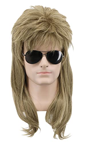 yuehong Long Curly Brown Mullet Wig 70s80s Disco Rock Costume Hair Soft Breathable Heat Resistant Synthetic Fibers Wig(Brown)