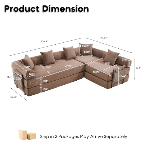 Image of L-Shape Modular Sectional Sofa Bed, Corduroy Boneless Couch, Brown