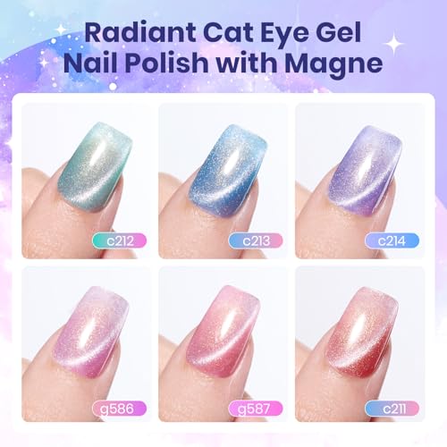 Image of Beetles Romantic Galaxy Cat Eye Gel Nail Polish Set - 6 Colors Glitter Gel Polish Kit Pink Blue Purple Red Green Velvet Gel Magnet Soak Off UV French Nail Art Manicure Spring Summer Gift for Women