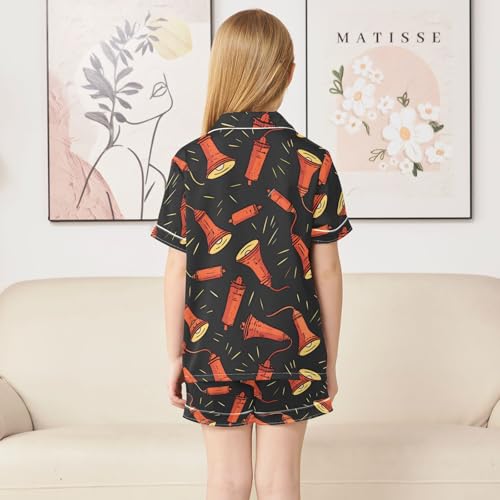 Satin Pajama Sets Short Sleeve Lamp Pattern Print on Black Button Down Silky Nightwear 2 Piece PJS 5-14Y4