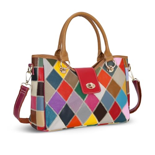 HESHE Genuine Leather Handbags Colorful Purses for Women Crossbody Bag Multi-color Tote Purse Designer Hobo Shoulder Bag