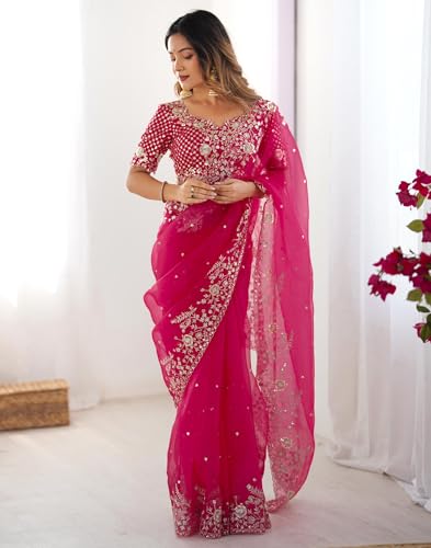 Image of SIRIL Women's Organza Sequence Embroidery Saree With Unstitched Blouse Piece