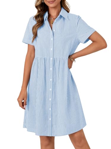 Image of Rooscier Women's Striped Shirt Dress Button Down Collared Short Sleeve Mini Dress