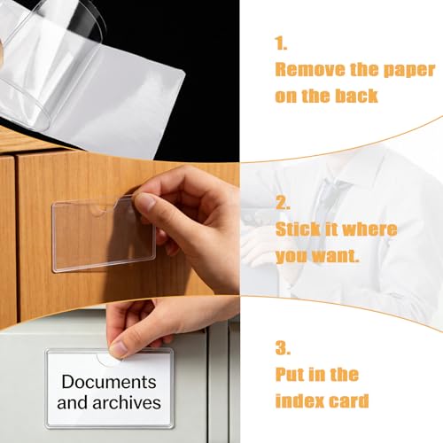 Image of 100 Packs Adhesive Label Storage Bin Pockets Clear Plastic Index Card Pockets Sleeves Adhesive Pouches Card Holders with Top Opening for Storage Bins, Library, Office (3.7 x 2.28'')