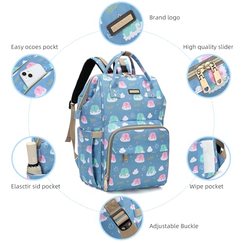Image of Diaper Bag Backpack, Diaper Bags for Baby Girls Boys, Baby Bags for Moms Dads, Nappy Changing Bag with Insulated Pockets,Multi-functional Waterproof Backpack with Stroller straps-Deep blue elephant