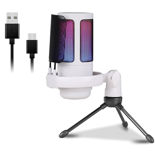 Dasbsug Micrófono condensador USB de 192 kHz, iluminación ajustable para juegos y transmisión, podcasting, micrófono de canto en vivo, micrófono de computadora, micrófono USB