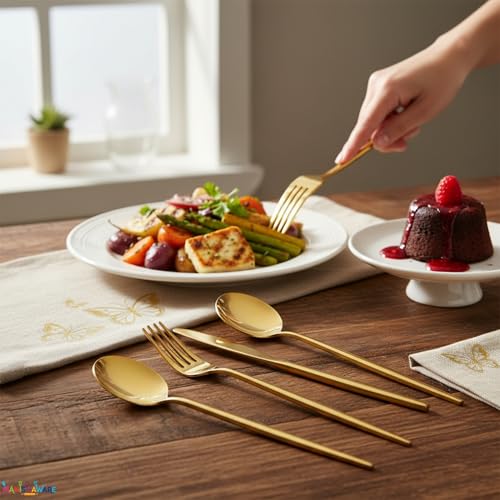 Image of Slim Handle Gold 16 Pcs Stainless Steel Cutlery Set for Dining Table, Dishwasher Safe Glossy Flatware (4 Spoon Set + 4 Forks Set + 4 Butter Knife + 4 Dessert Spoon)