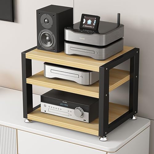 Stojak na sprzęt multimedialny 4-poziomowy z drewnianymi półkami, przenośny stojak na sprzęt audiowizualny do konsoli i stereo, metalowa rama, organizer na sprzęt audio-wideo do biurka w domu i biur