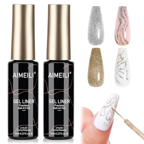 AIMEILI Esmalte Gel Nail Art Gel Liner Nail Polish Oro y Plata Pincel Ultra Fino Líneas Precisas Art Painted UV/LED Secado Rápido, Vegano Sin Crueldad DIY Casa y Salón, 2x8ml Gold and Silver Set