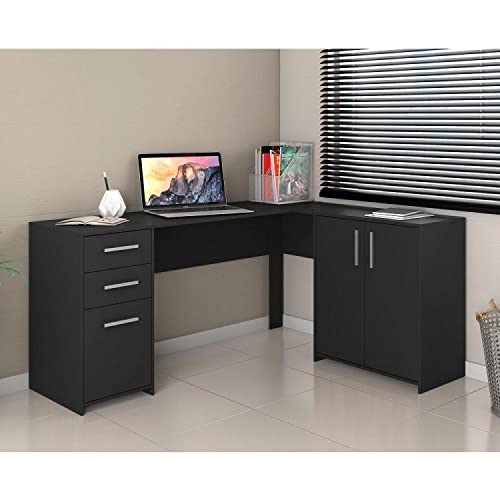 Conjunto Home Office 2 Peças 1 Mesa em L 2 Gavetas 3 Portas 1 Armário 2 Portas 2 Prateleiras Espress