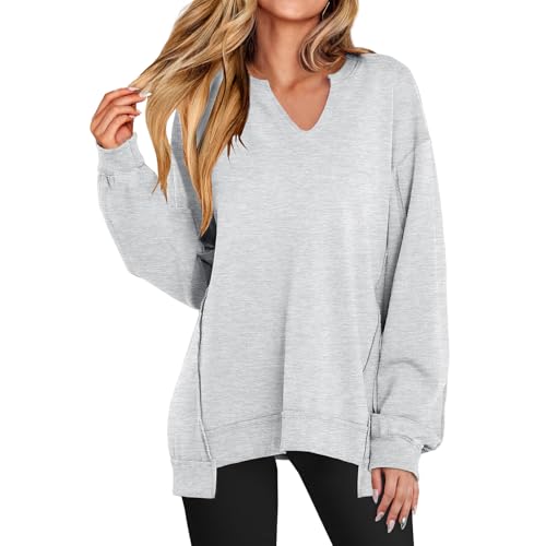 Women's Oversized Sweatshirts V Neck Long Sleeve Loose Tops Casual Tunic Shirts Trendy Pullover Blouses Fall Outfits