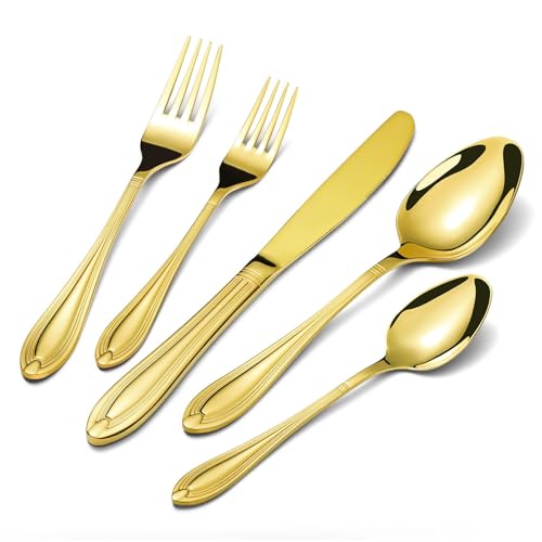 TIVOLI Silverware Set for 4, 20 Piece Heavy Duty Stainless Steel Flatware Utensils Cutlery Set Including Steak Knife Fork and Spoon, Dishwasher Safe, Gift Package for Wedding Housewarming (Gold)