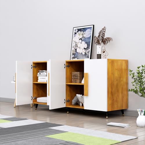 Image of Bniture Wooden Sideboard Cabinet for Living Room | Wooden Storage Cabinet with 3 Door & 4 Drawers | Engineered Wood Multipurpose Cabinet with Spacious Shelves for Home | Giant Wood & Frosty White