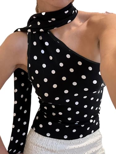 Y2k Polka Dot Tank Top for Women One Shoulder Sleeveless Halter Crop Top Backless Camisole with Scarf