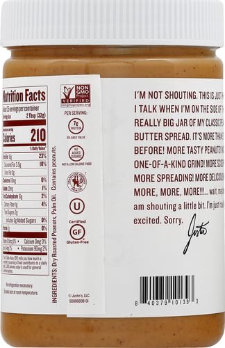 Image of Justin's Classic Peanut Butter Creamy Spread, No Stir, Gluten-Free, 28 Ounce Jar, (Pack of 2)