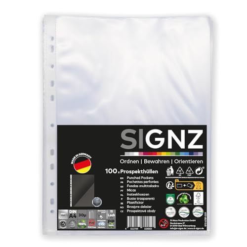 SIGNZ Document Wallets (DIN A4, 30 my), Pack of 100, Crystal Clear, CO2 Neutral, Made in Germany