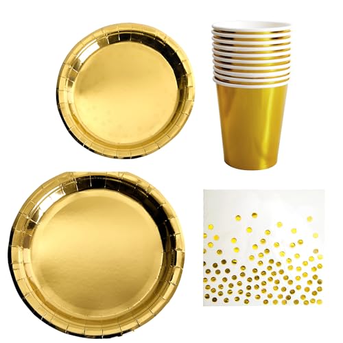 Box and Tree| 80 Pièces de Vaisselle Jetable en Color Or, Assiettes Dorée, Gobelets en Carton et Serviettes pour Mariage, Noces, Noël et Fêtes, 20 invités