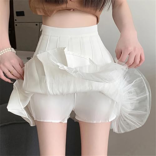 Women Korean Solid Color Irregular Mesh Stitching Fashion High Waist Pleated Skirt3